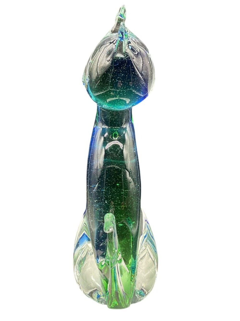 Hand-Blown Art Glass Cat w/ Sommerso Style Blue & Green Clear Bottom Heavy Glass - Picture 2 of 5